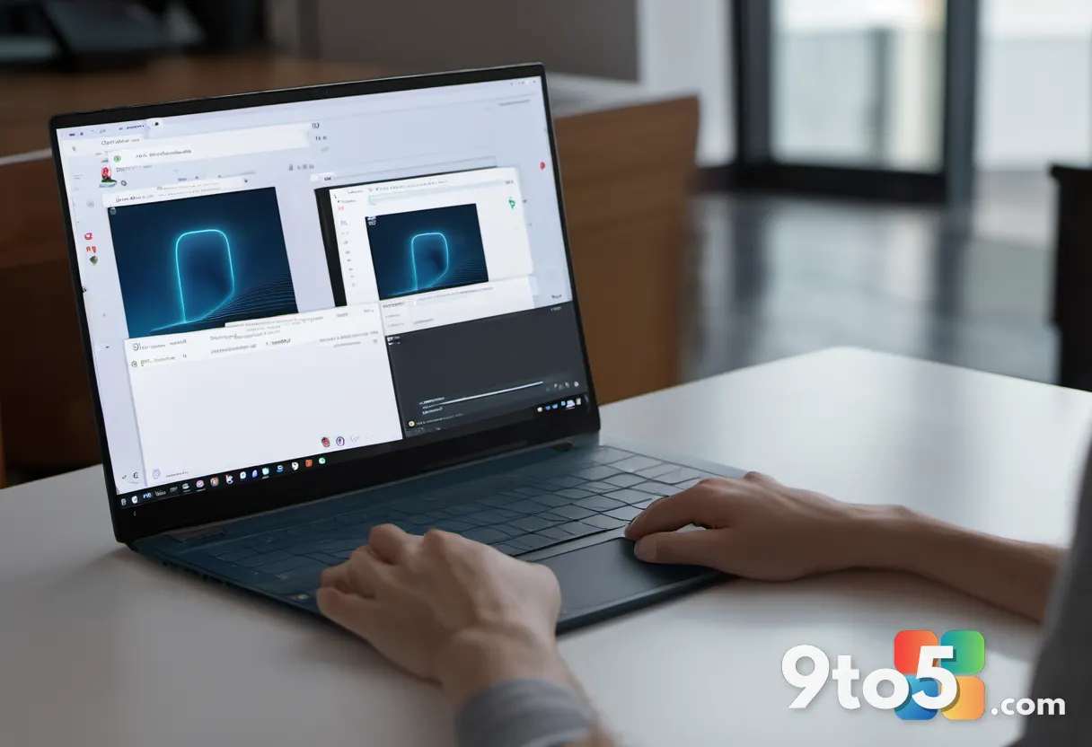 A close-up of a hand hovering over a laptop trackpad, with a blurred video call window showing centered audio and video 