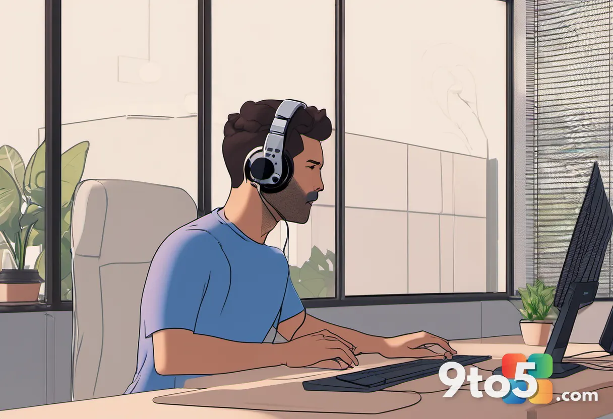 A professional in a home office adjusting headphones while looking at a Teams pre-join audio test screen, warm ambient l