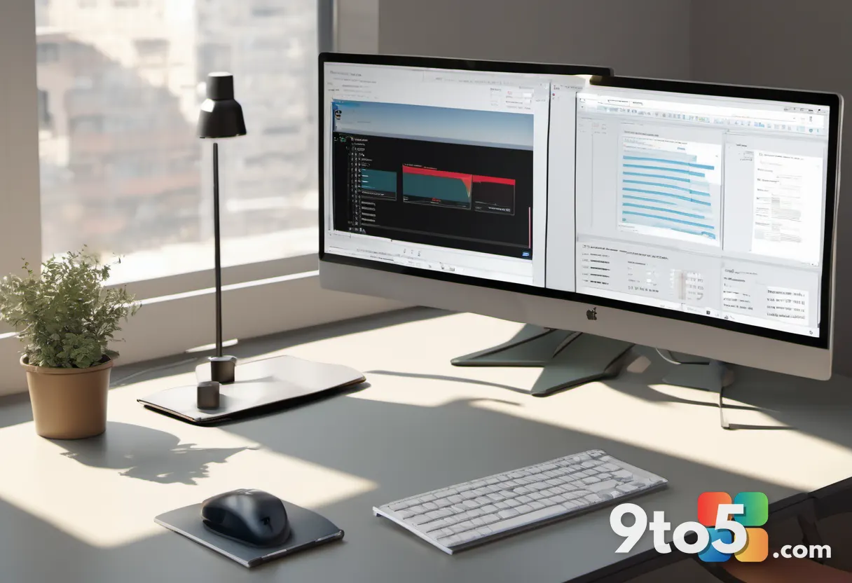 A tidy desk with a monitor showing a Teams meeting in progress, a notebook, and a coffee mug, shot from a slight overhea