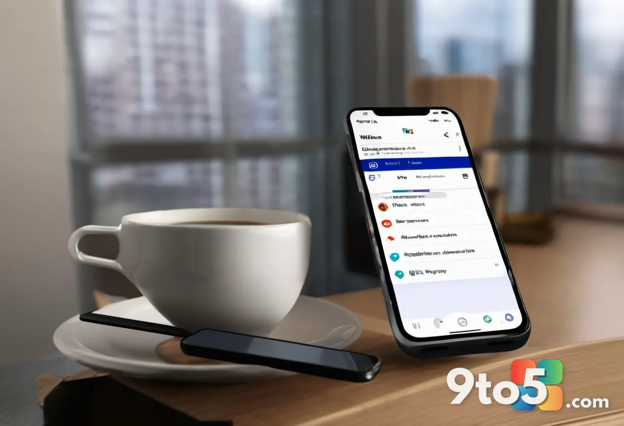 A close-up of a smartphone showing the Microsoft Teams mobile app with a clean, modern interface, placed on a wooden des