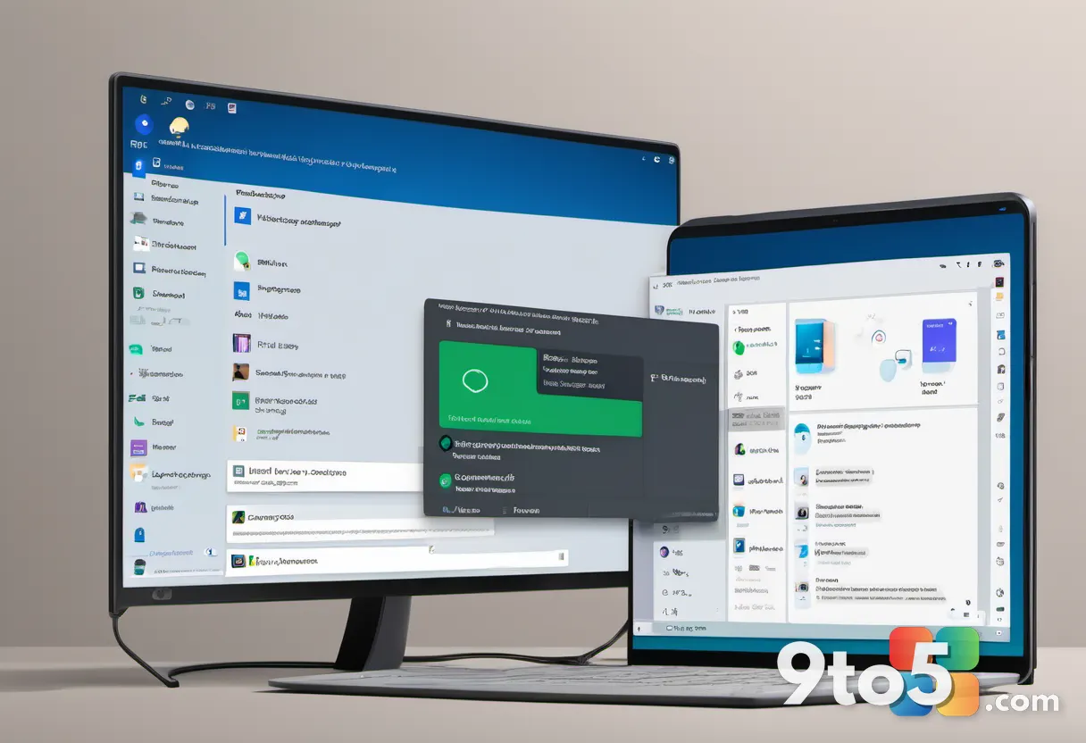 A split composition showing a Windows 11 desktop and a smartphone displaying synchronized notifications, clean flat-lay 
