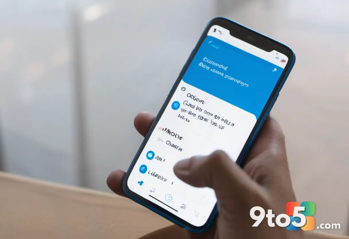 A close-up of a hand holding a smartphone displaying a minimalist chat interface with subtle blue accents, shot in a bri
