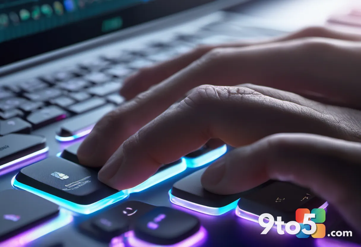A close-up of a hand typing on a backlit keyboard with a holographic Windows interface floating above, representing hand