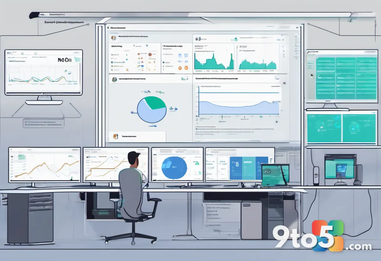 A diverse team of IT administrators collaborating around a large digital dashboard displaying system health metrics and