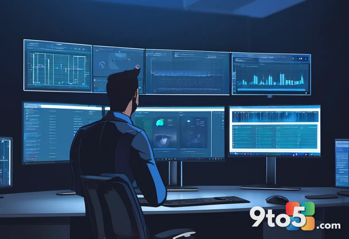An IT administrator reviewing certificate management dashboards on multiple glowing monitors in a dim server room, cool 