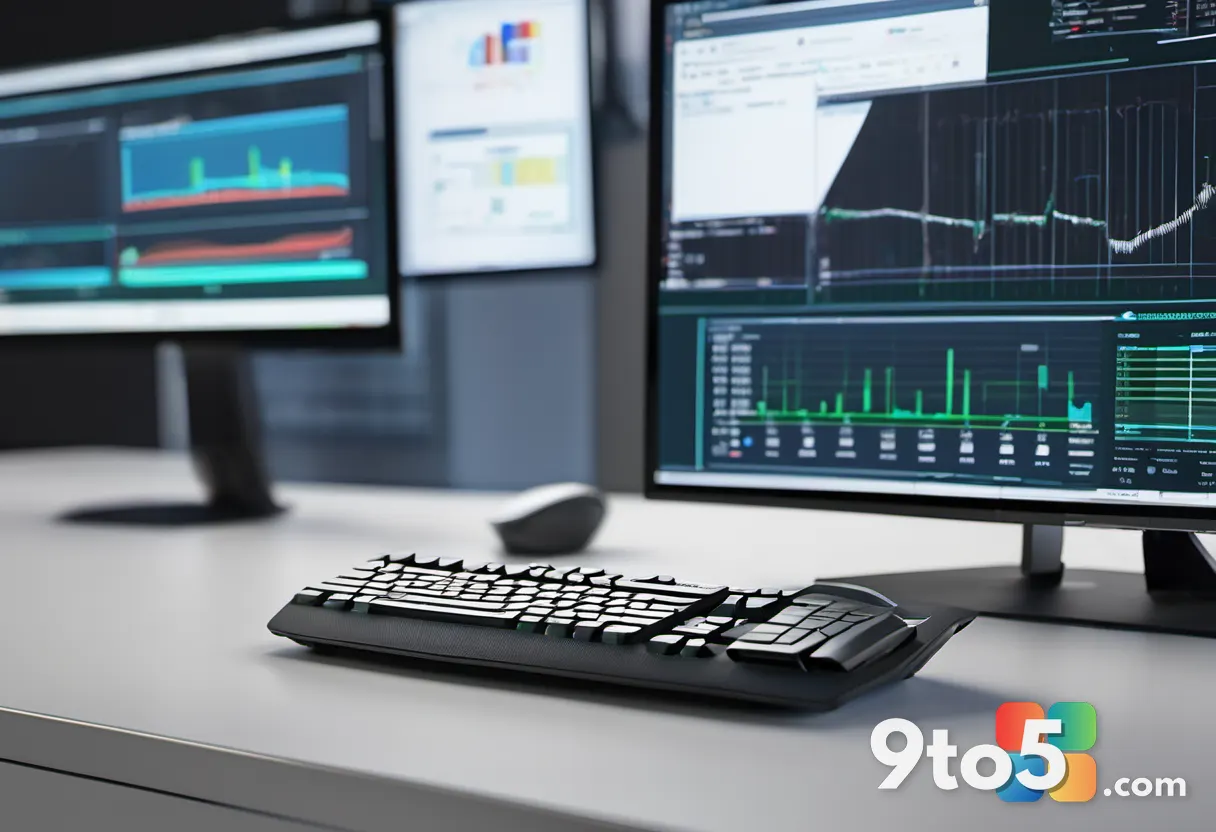 A close-up view of a keyboard and mouse on a desk, with a blurred monitor in the background showing system performance g