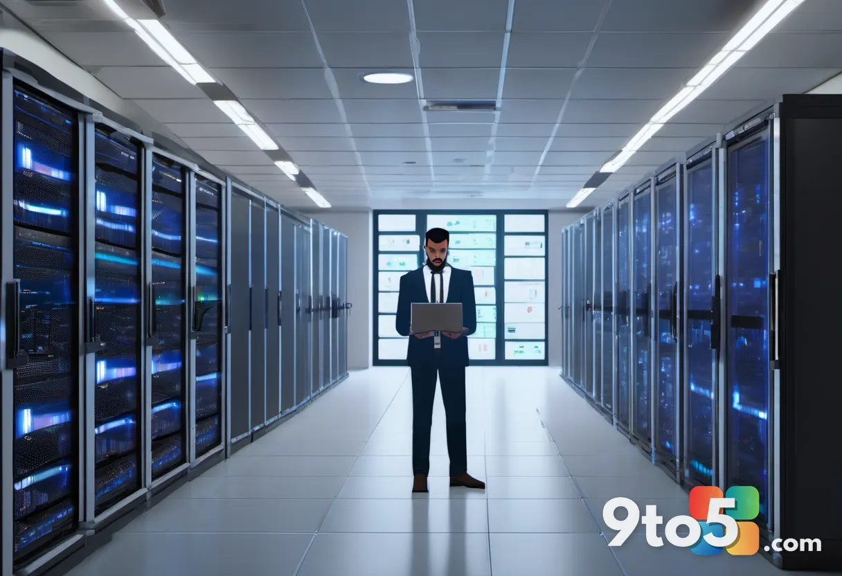 An IT administrator standing in a dimly lit server room, holding a tablet displaying migration charts, with rows of blin