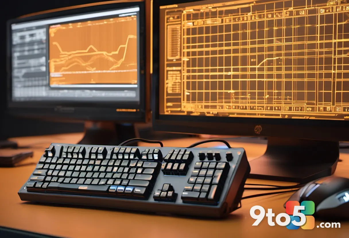 A close-up of an engineer's hands typing on a retro mechanical keyboard with a glowing monitor displaying lines of legac