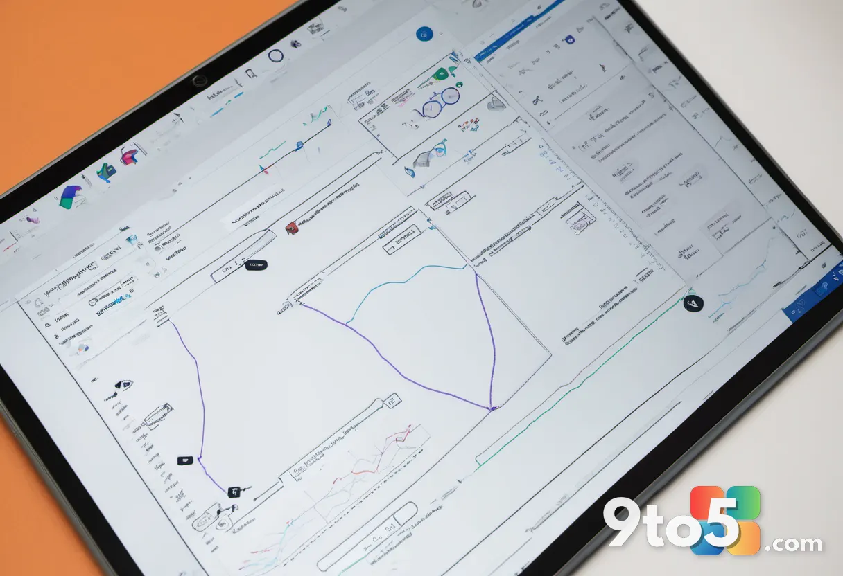 A close-up of a modern digital whiteboard interface on a tablet, showing collaborative strokes and icons, symbolizing th