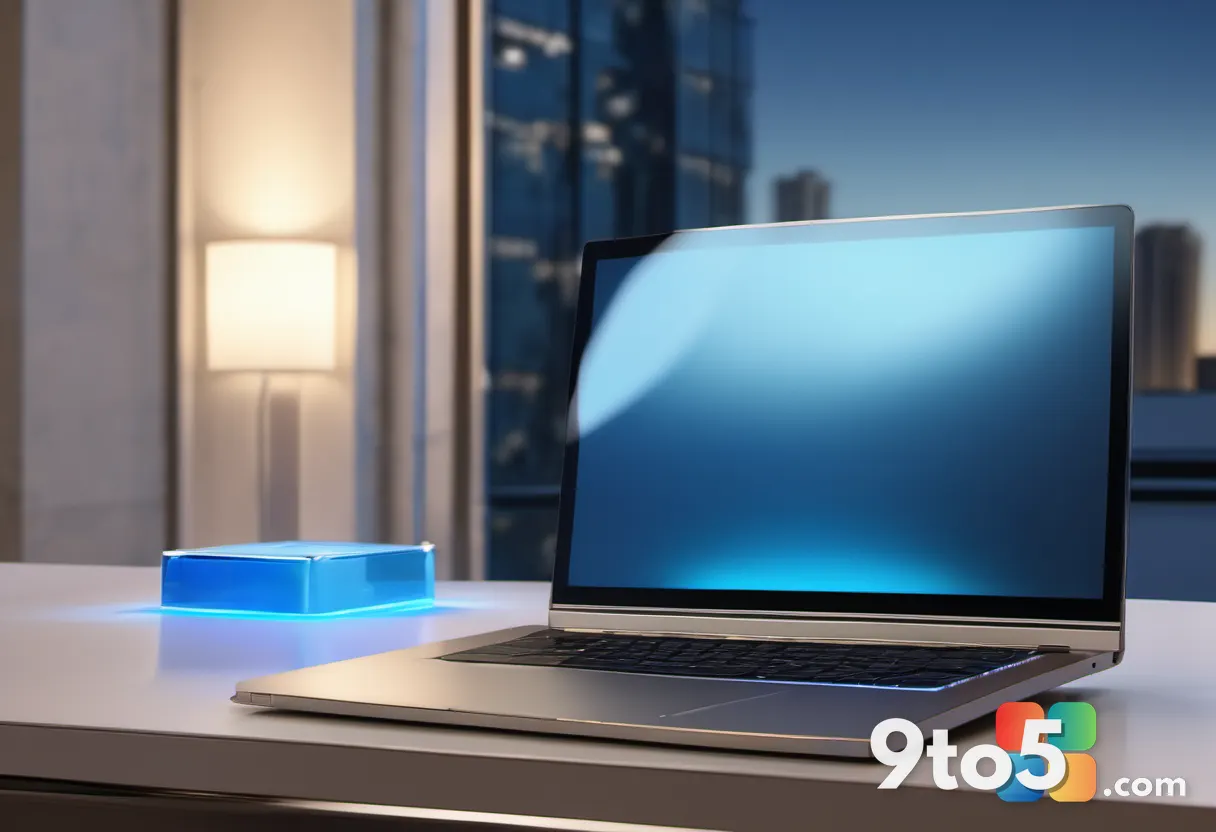 A secure mobile hotspot device glowing with a protective blue aura, placed on a hotel desk next to a laptop, symbolizing
