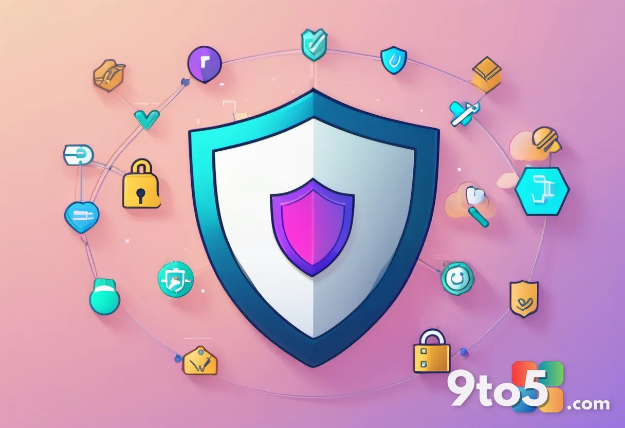 A minimalist illustration of a shield with a checkmark, surrounded by floating security update icons and padlock symbols