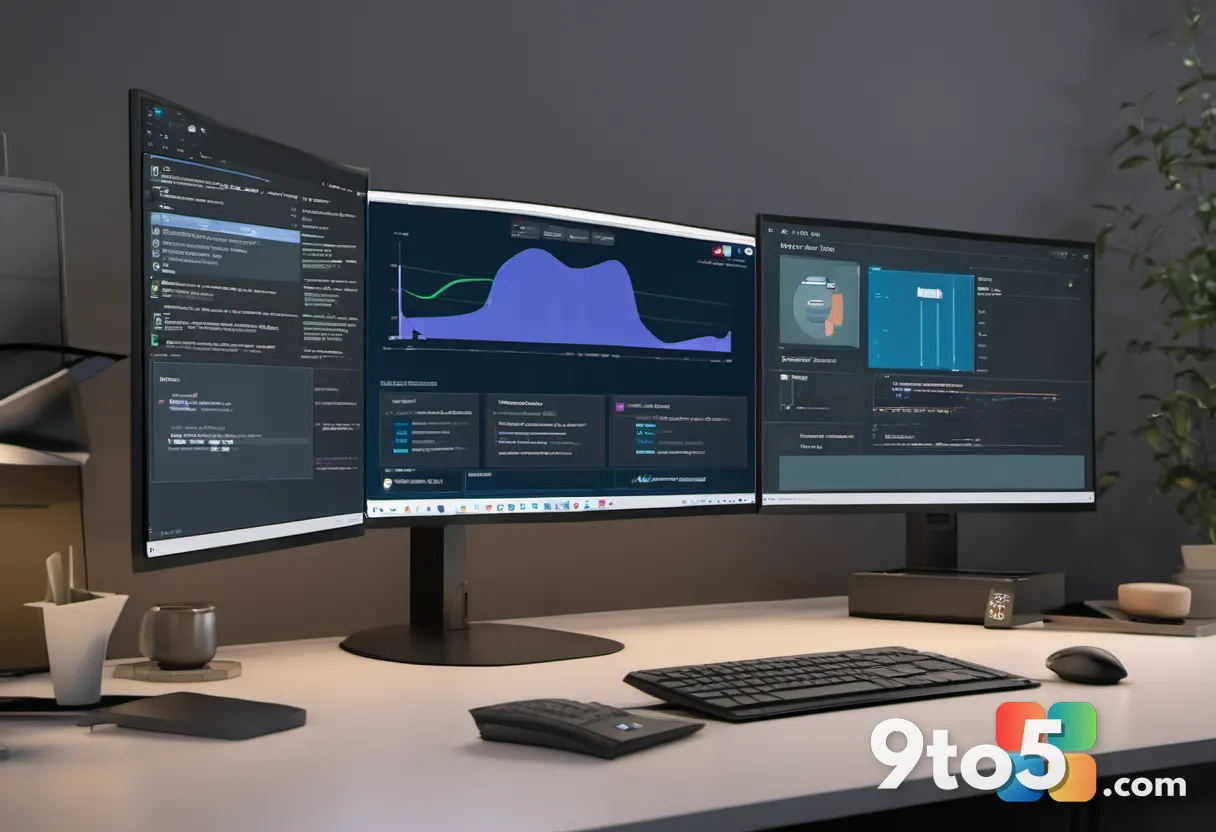 An office setting with an IT administrator reviewing a dashboard on a monitor, with a subtle warning icon overlay, repre