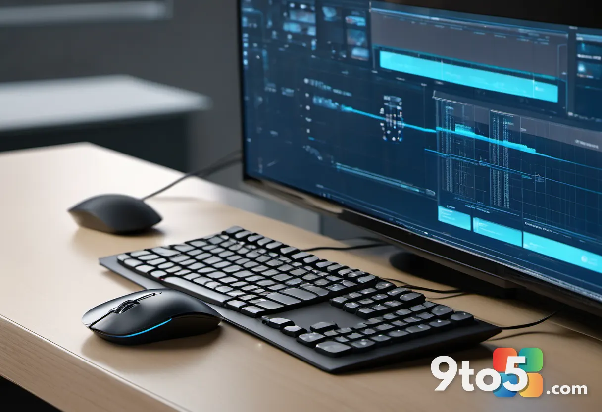 A close-up of a modern keyboard and mouse on a desk, with a soft blue glow emanating from a nearby screen showing server