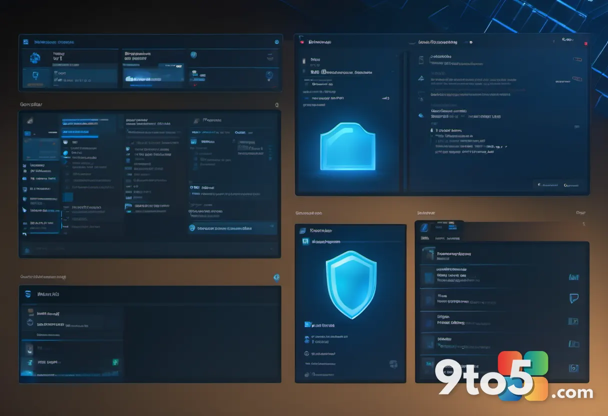 A digital shield with a subtle Windows logo pattern, glowing with a protective blue aura against a dark background.