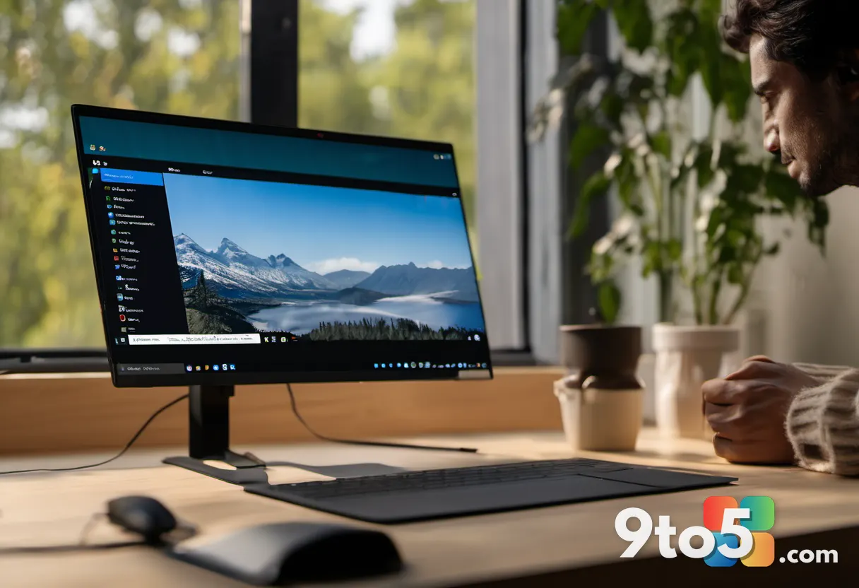 A person at a wooden desk configuring Windows Insider settings on a laptop, warm office lighting, shallow depth of focus