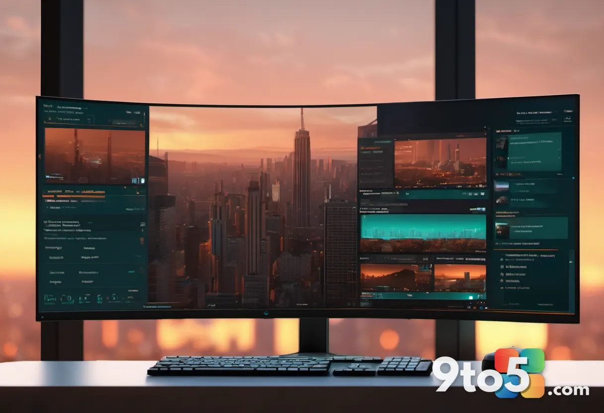 A gaming monitor showing an open-world city scene at sunset, cinematic game footage, cozy dim room ambiance, warm orange