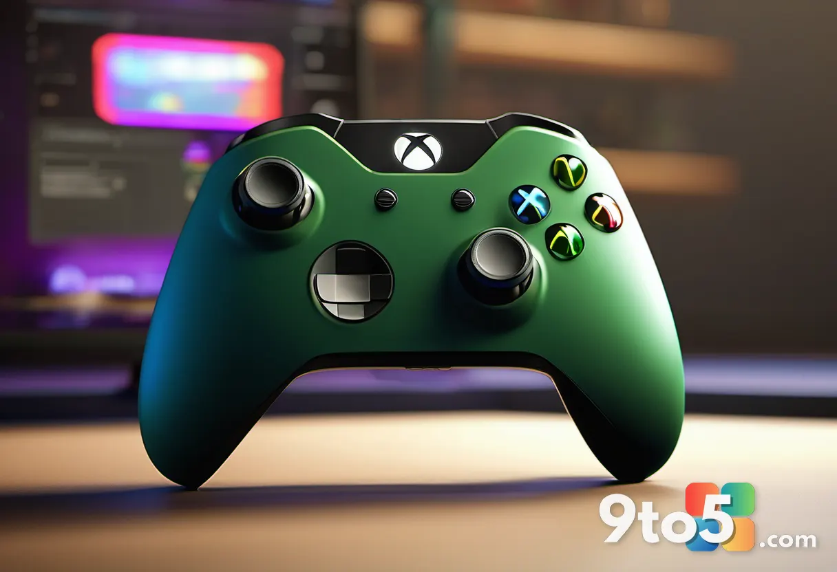 A close-up of an Xbox controller with glowing buttons, set against a blurred background of a game library interface.
