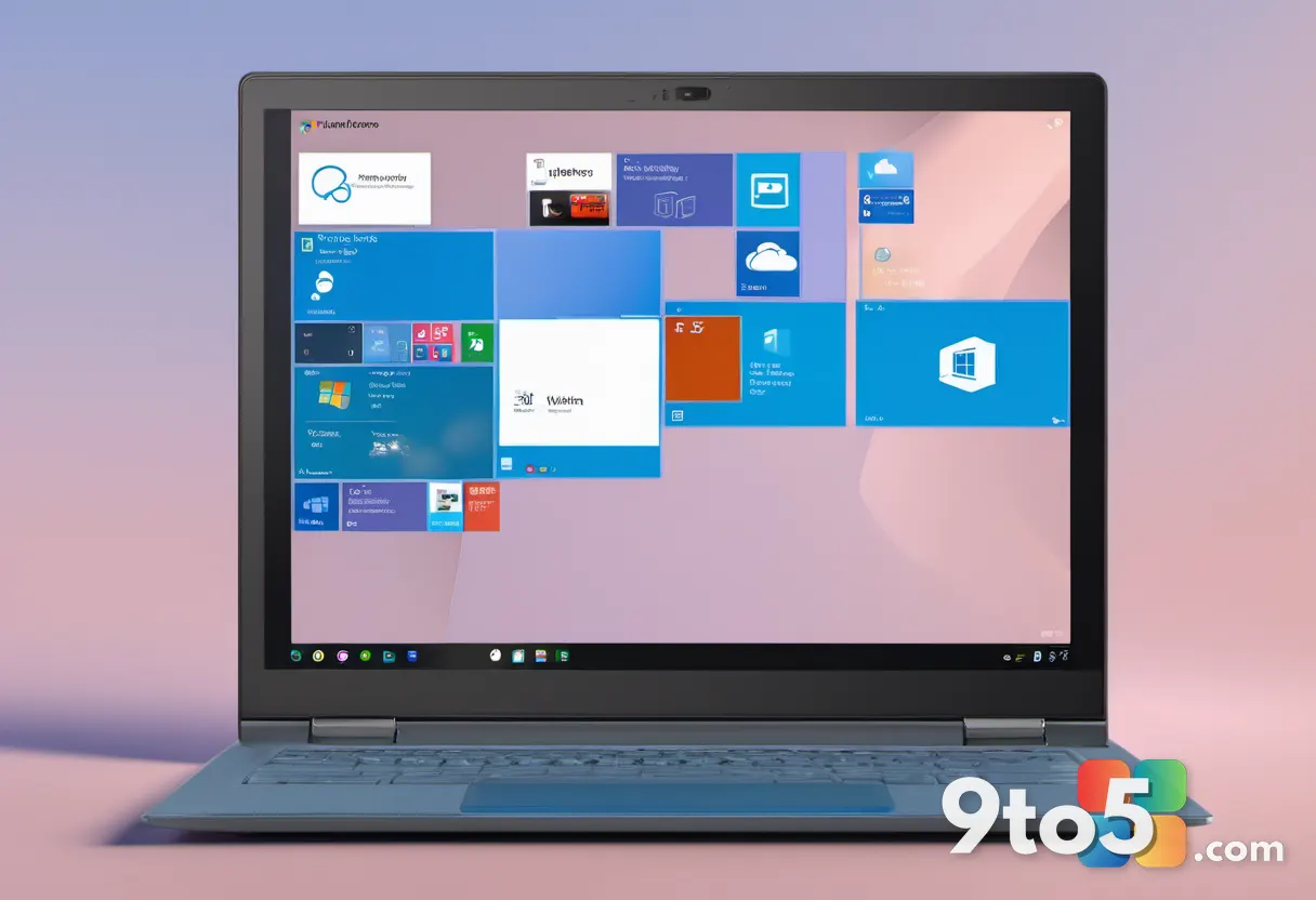 A sleek laptop displaying the Windows logo, surrounded by floating icons representing cloud and AI services.