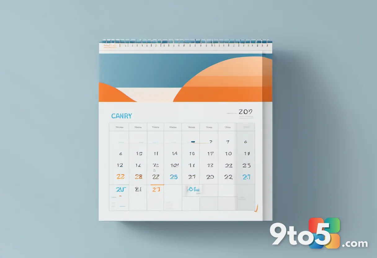 A clean illustration of a wall calendar with a page bending backward on its hinge, soft blue and orange tones, minimal f