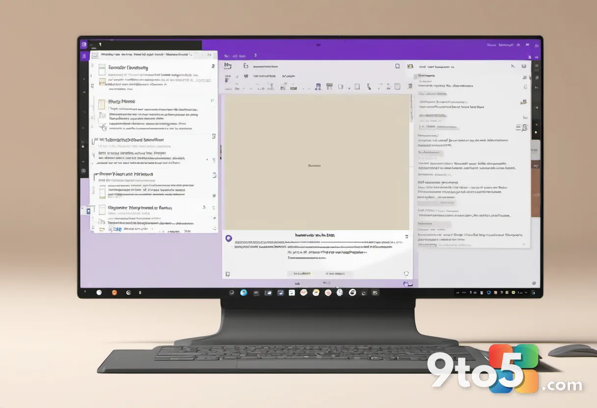 A digital notebook opening into a OneNote interface with organized sections and pages, warm neutral tones, soft studio l