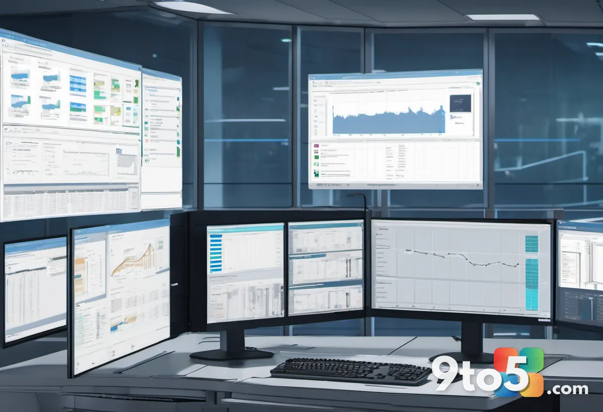 A professional IT administrator reviewing a dashboard of system update statuses on a large monitor in a dimly lit contro