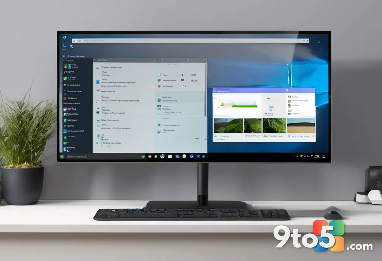 Close-up of a Windows 11 desktop interface showing a clean context menu and taskbar, soft focus office background, reali