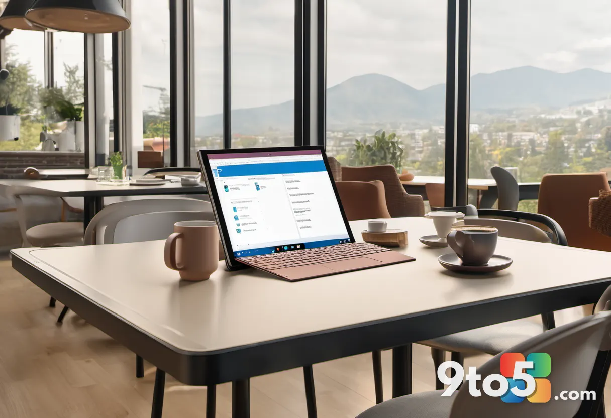 A person working at a café with a Surface Pro tablet, coffee cup nearby, natural daylight, candid lifestyle photography