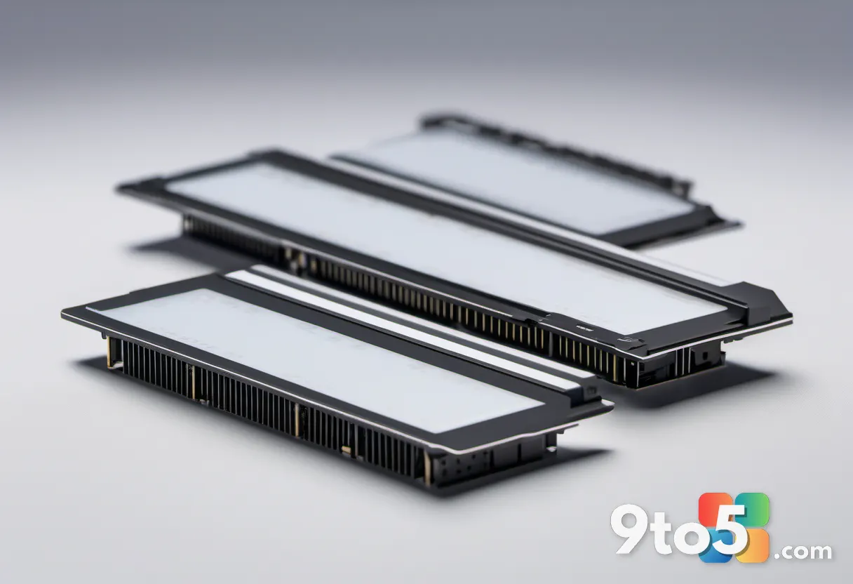 Stack of RAM modules on a clean white surface, macro photography, shallow depth of field, tech product style