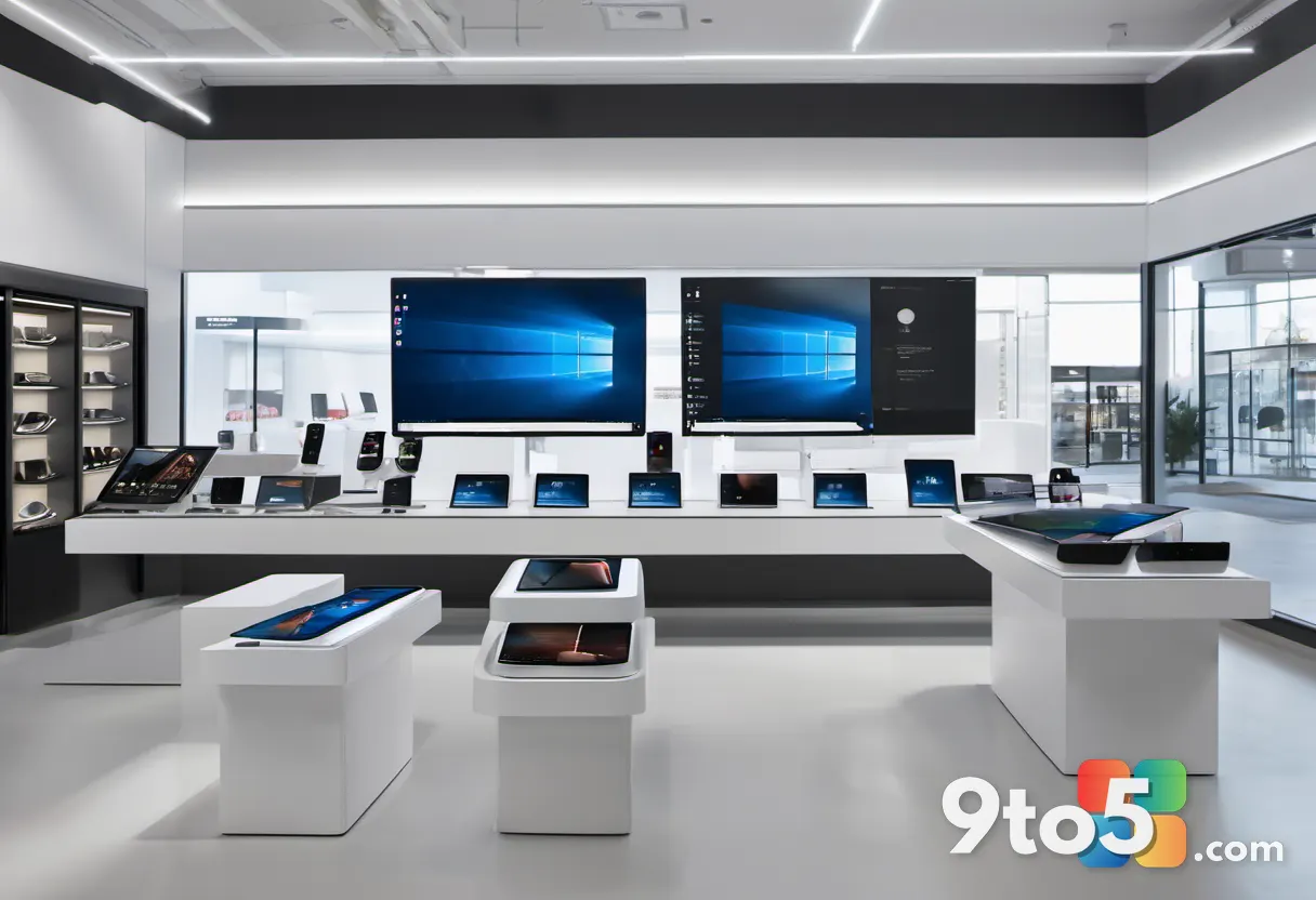 A modern retail store display showcasing Surface devices with price tags, bright lighting, commercial photography style