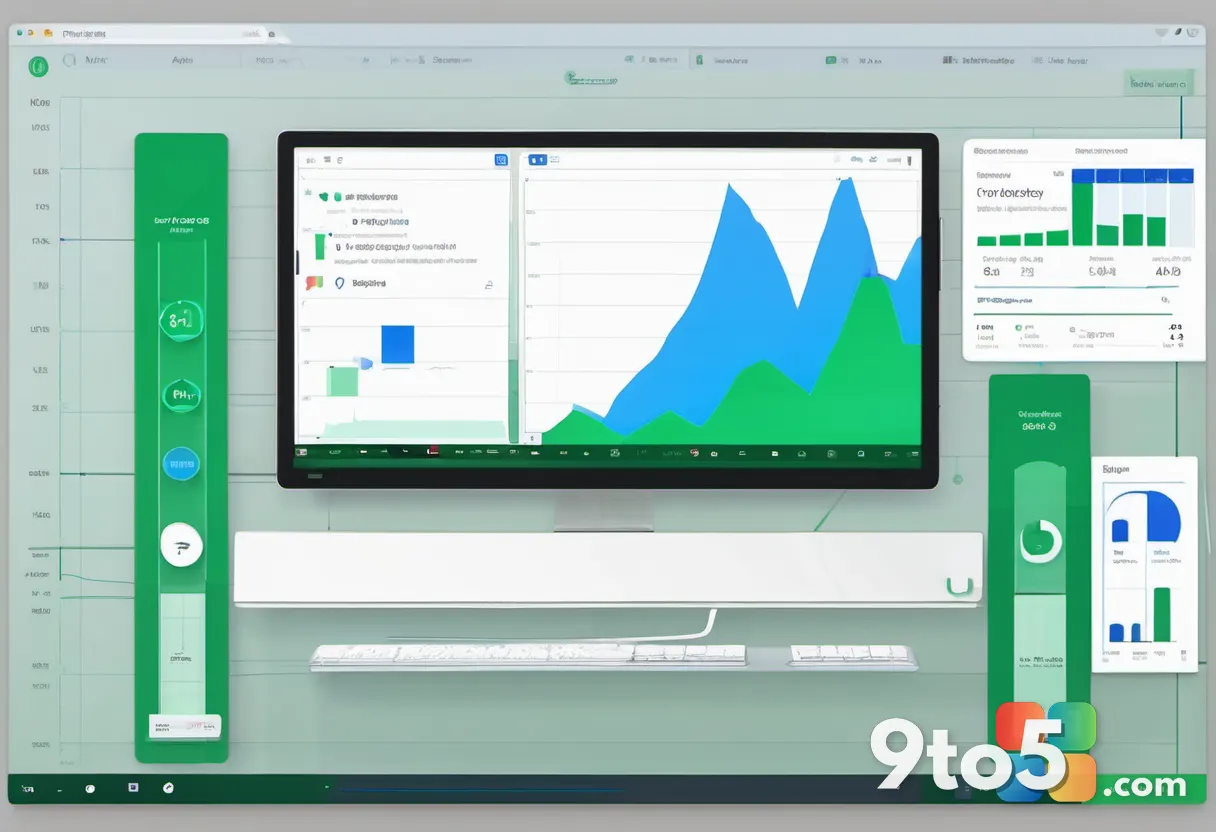 A minimalist finance-style chart showing a thin blue Bing bar beside a towering green Google bar, clean graph graphic, s