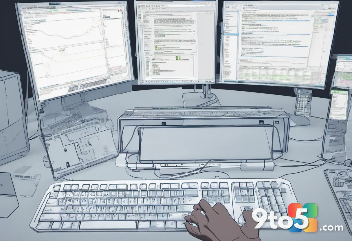 A close-up of a technician's hands typing on a keyboard with a monitor displaying a Windows recovery command prompt and 