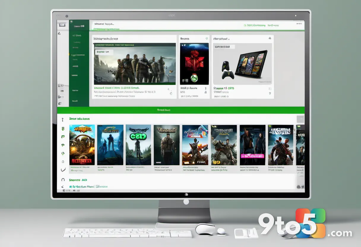 A close-up of a modern PC screen showing a list of Xbox 360 game titles in a digital storefront, with a hand holding an 