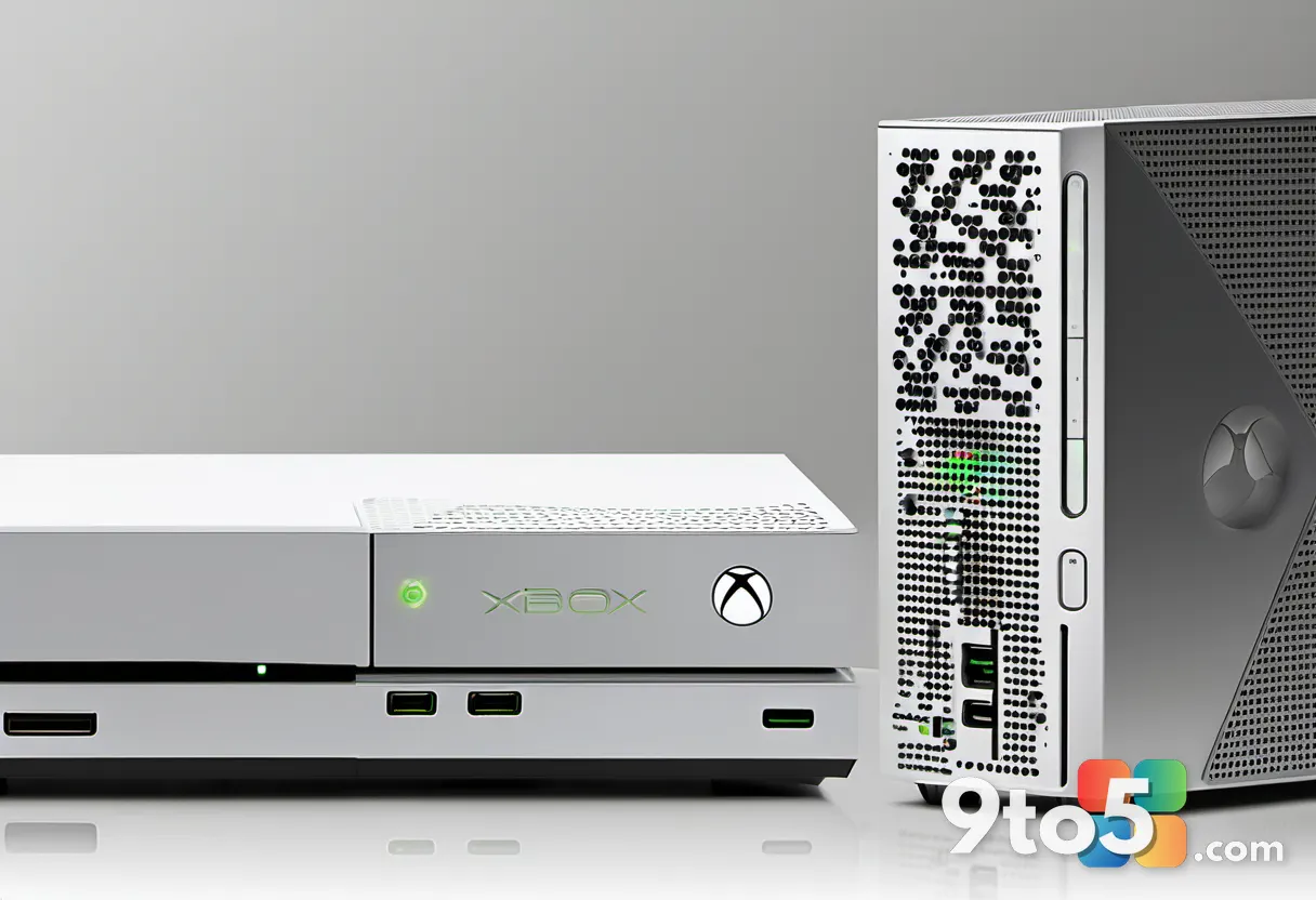 A split image showing the original Xbox console on one side and the Xbox 360 console on the other, connected by a digita