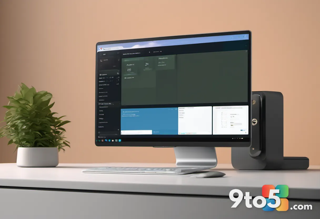 A clean, minimalist workspace with a laptop displaying a secure login screen, surrounded by subtle padlock icons.