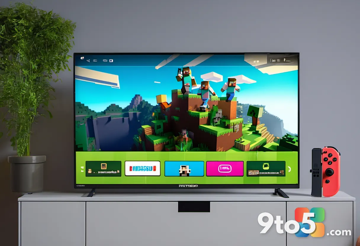 A close-up of the Nintendo Switch 2 console docked to a TV, displaying the Minecraft title screen with the new vibrant v
