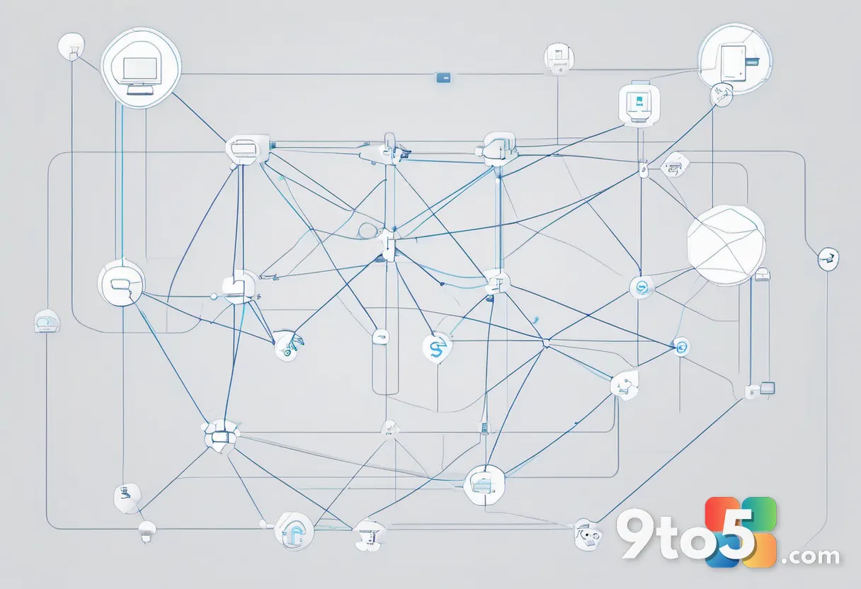 A minimalist network diagram floating in space showing multiple nodes connected by glowing lines, representing cross-pla