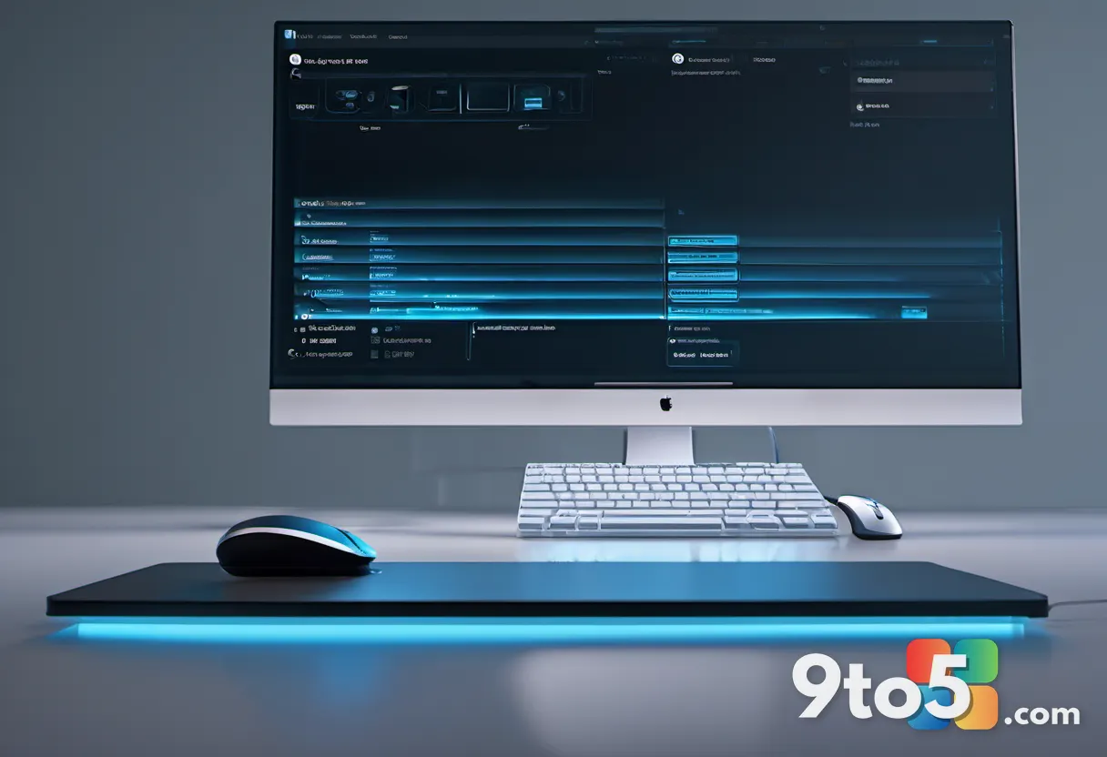 A close-up of a modern keyboard and mouse on a dark desk, with a soft blue glow reflecting off the keys, suggesting clou
