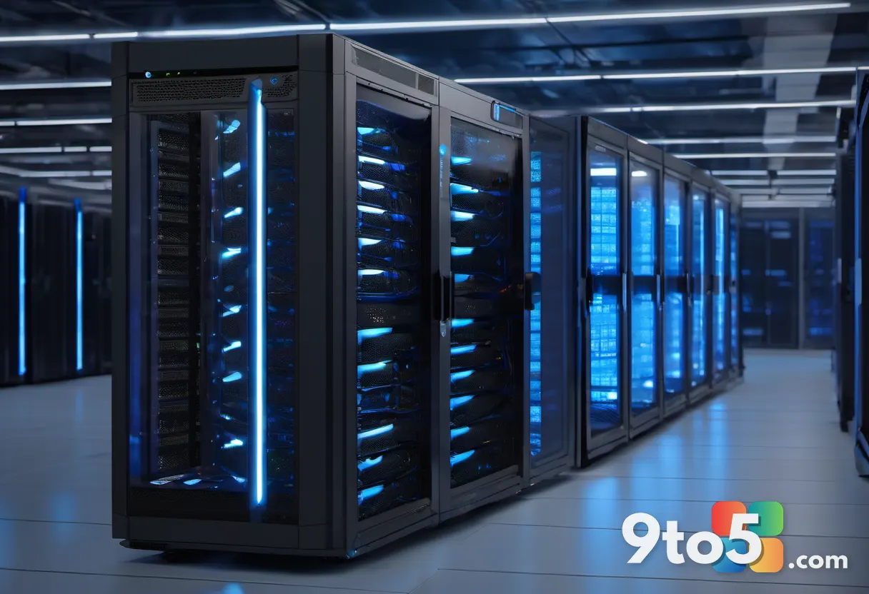 A server rack glowing with cool blue indicator lights in a dim data center, representing the remote Windows instances th