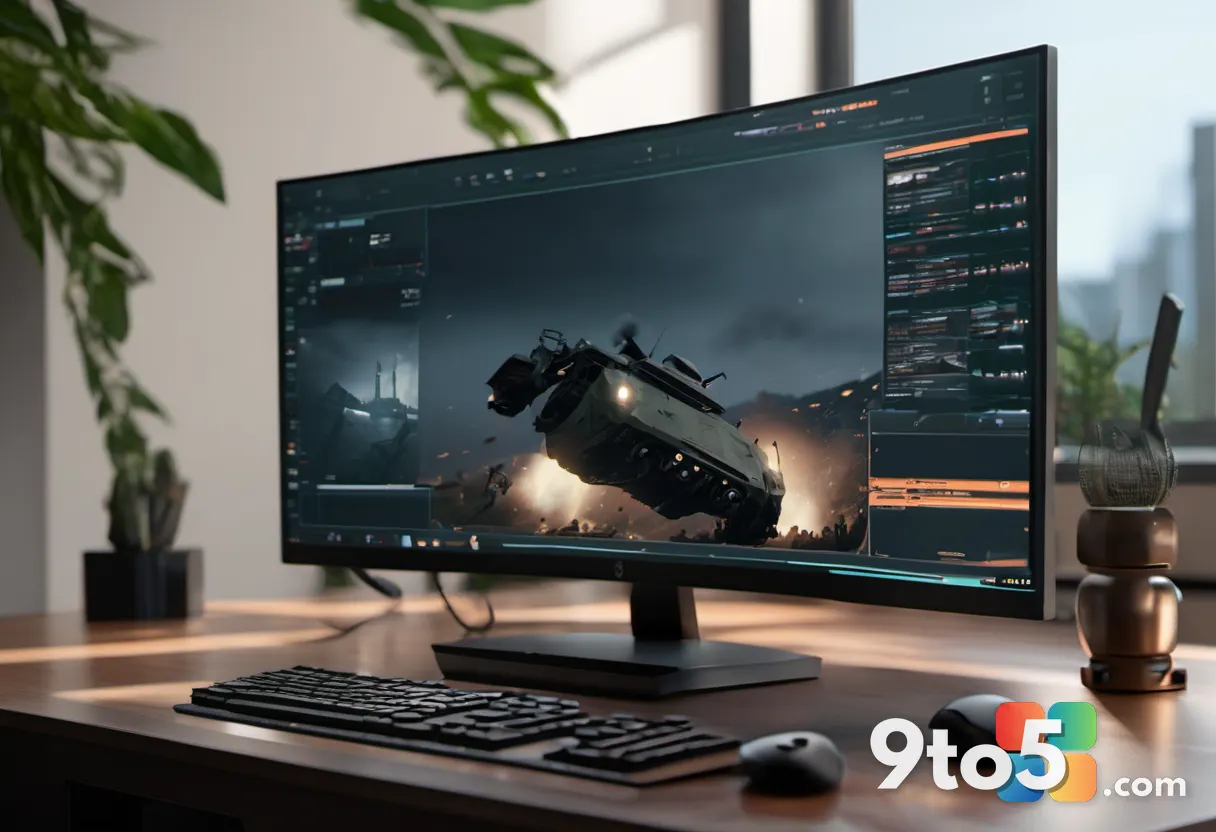 A close-up of a gaming controller on a desk with a monitor displaying a war scene in the background, soft focus, warm li
