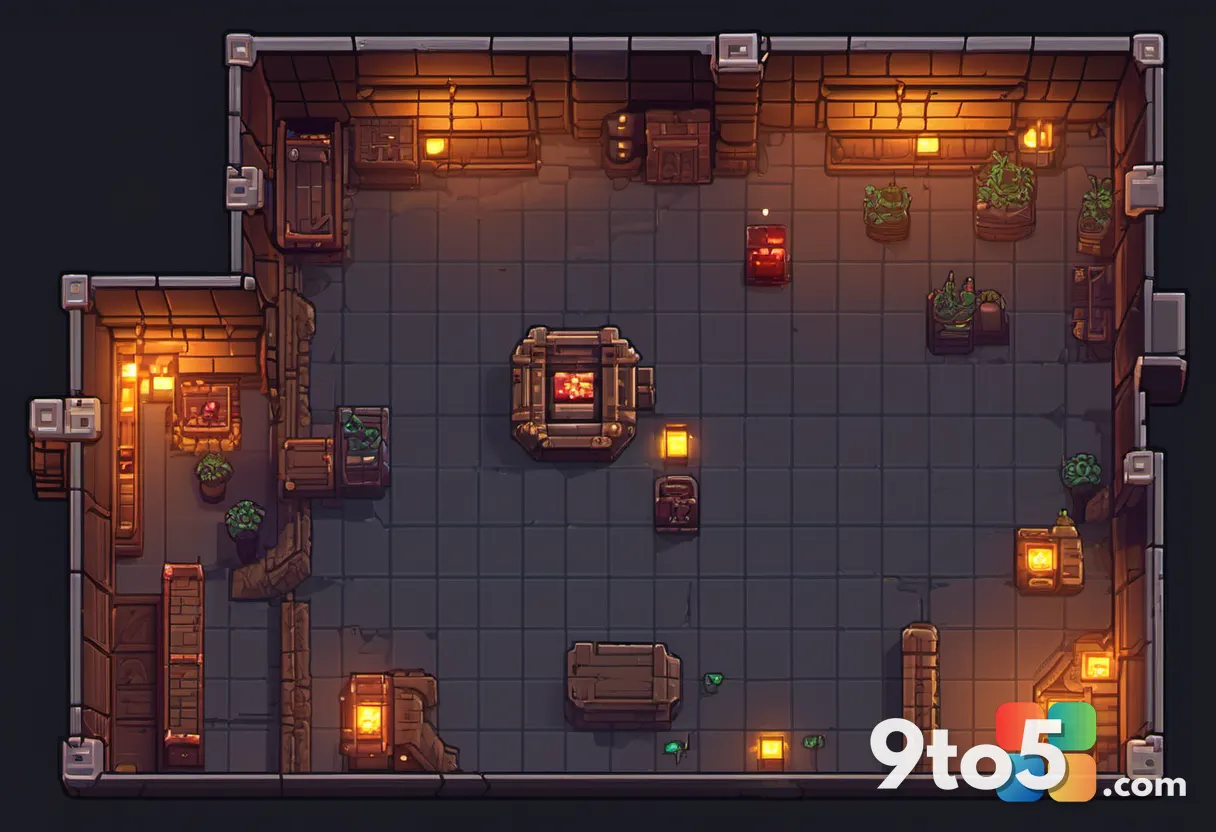 A top-down view of a dungeon corridor with glowing treasure chests and pixelated monsters, rendered in a warm retro styl