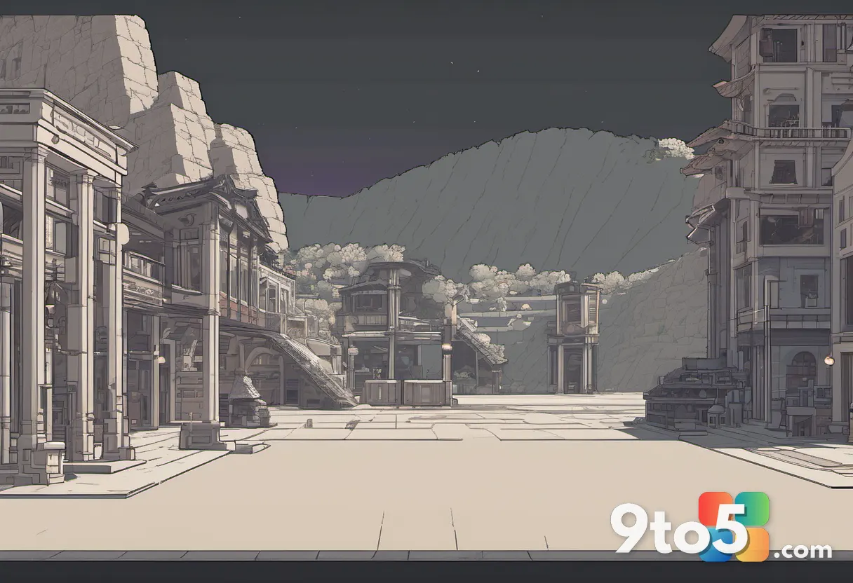 A split composition showing a bustling town square on one side and a dark, monster-filled cave entrance on the other, in