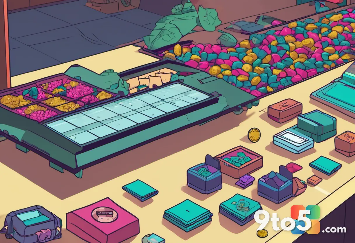 A close-up of a character's hands sorting colorful loot items on a merchant counter, with a coin counter ticking up in t