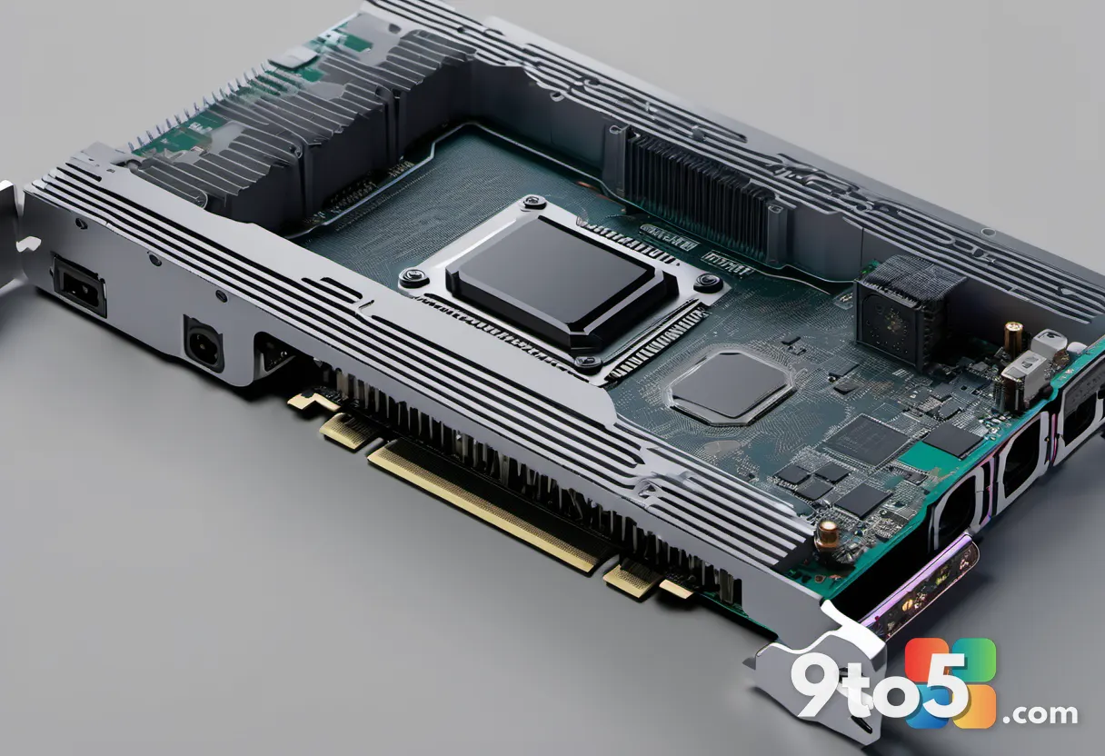 A close-up of a modern GPU with intricate circuitry, highlighting advanced manufacturing and design, set against a neutr