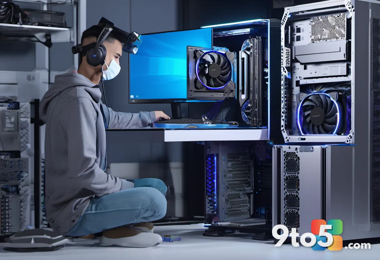 A PC builder assembling a high-end gaming rig, surrounded by components, with a focus on the GPU installation process.