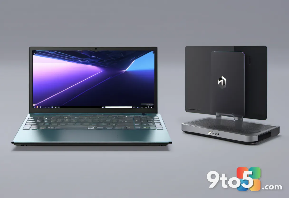 A split image showing a traditional GPU on one side and a compact gaming handheld on the other, representing alternative