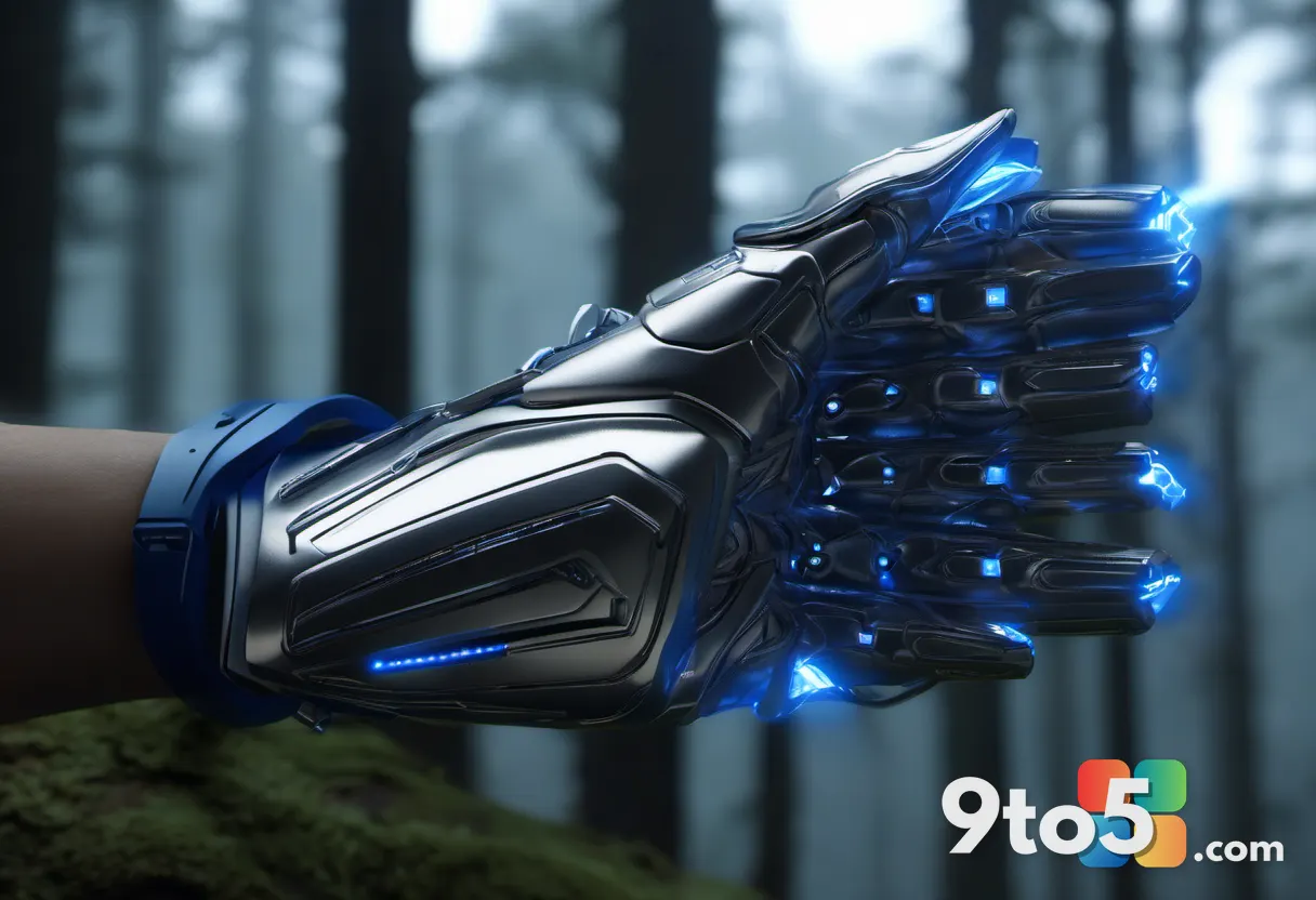 A close-up of a sleek, silver gauntlet crackling with blue electrical energy, set against a blurred dark forest backgrou