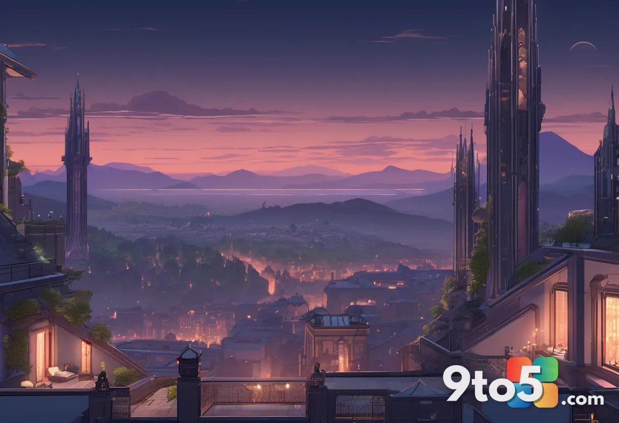 A wide shot of a sprawling, gothic-style hub city with winding staircases, glowing beacons, and distant mountains under 