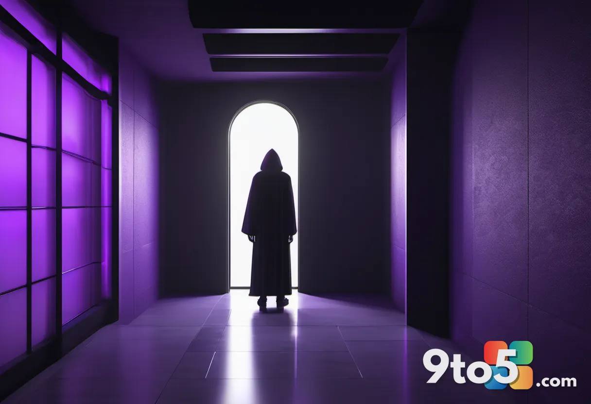 A shadowy, cloaked figure blending into a dimly lit stone corridor, with only faint purple outlines visible against the 