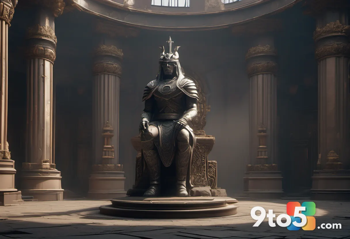 A cinematic view of a massive, ornate boss statue overlooking a ruined courtyard, with dramatic volumetric fog and warm 