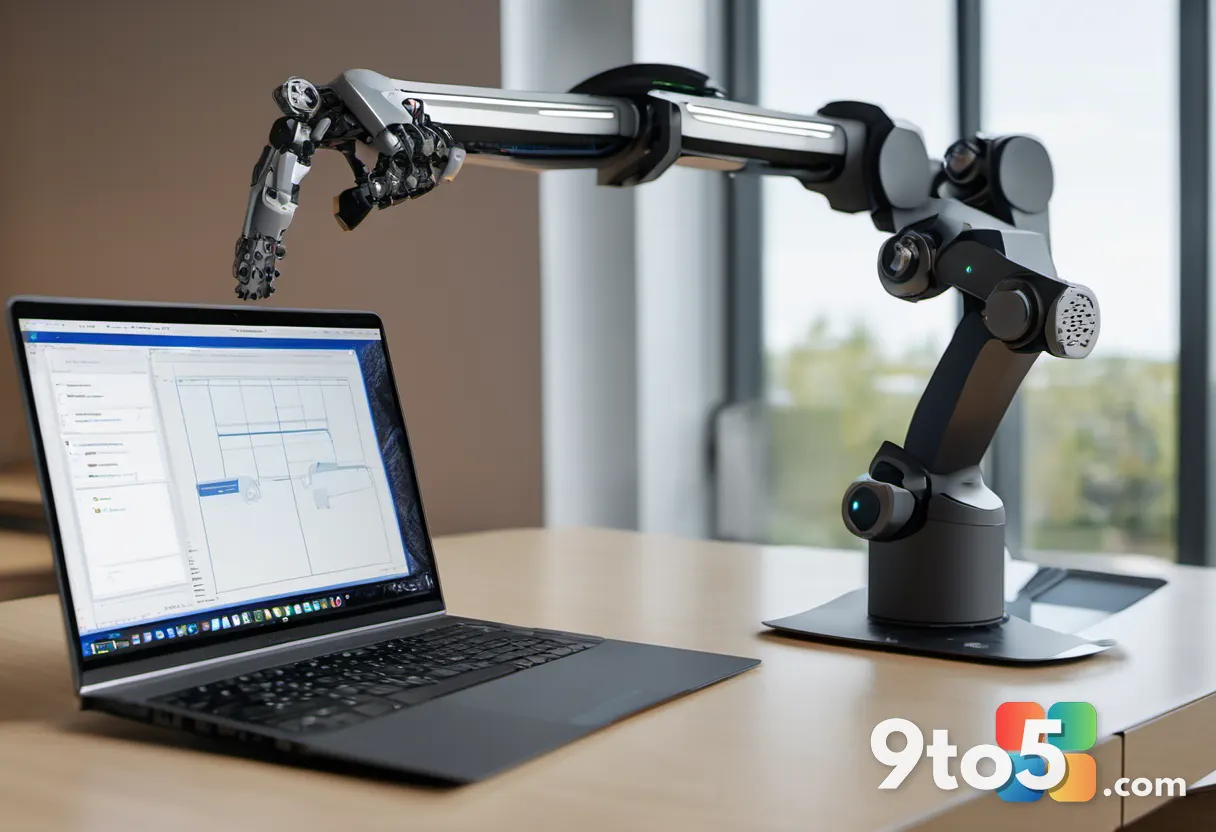 A split-screen laboratory setup showing a robot arm launching a document on a Windows laptop and a MacBook side by side,